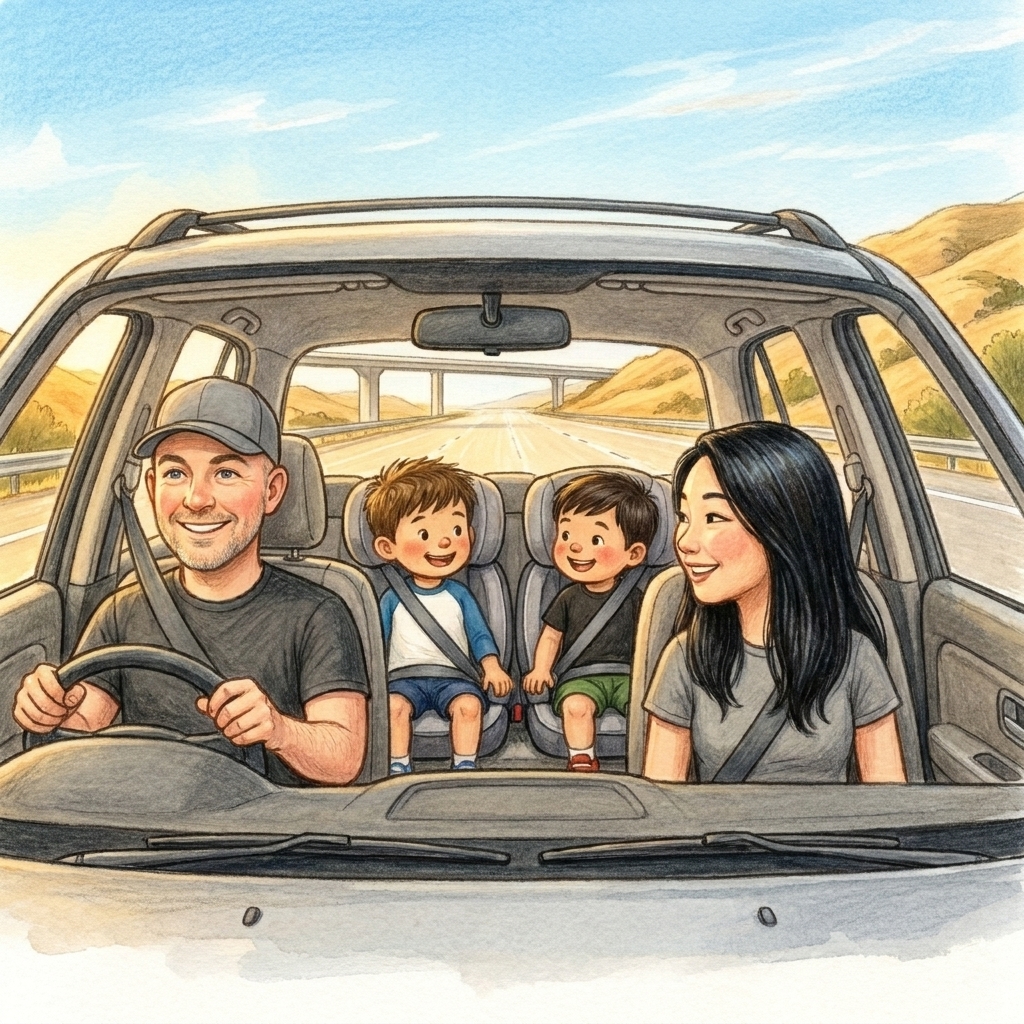 A page from The Big Road: the whole family together in the car on the open highway