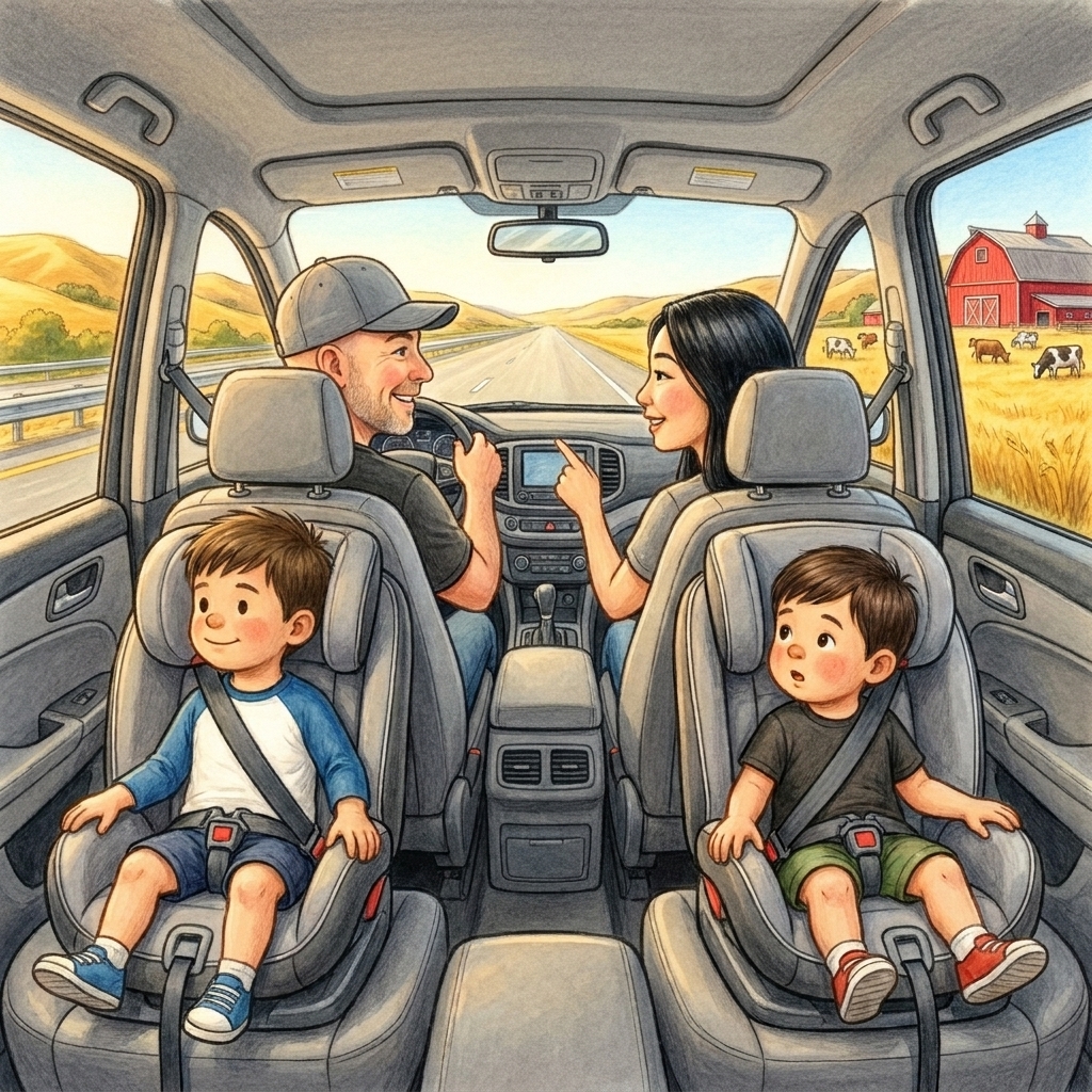 A page from The Big Road: the family in the car with golden hills and a red barn outside