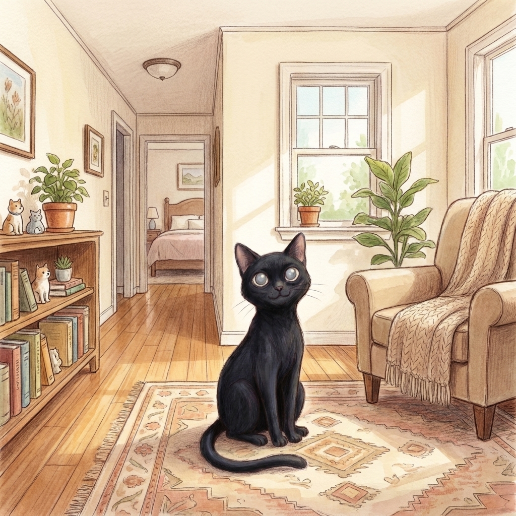 A page from Sherlock and the World of Dreams: a black cat in a sunlit home