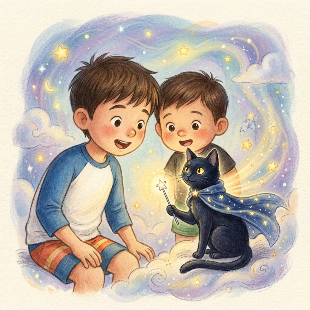 A page from another storybook: two brothers with a star-caped cat in a dreamy starlit sky