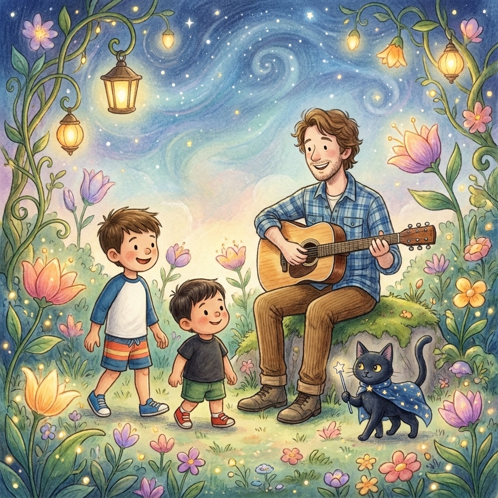 A page from Sherlock and the World of Dreams: dad playing guitar in a glowing garden with the boys and the cat