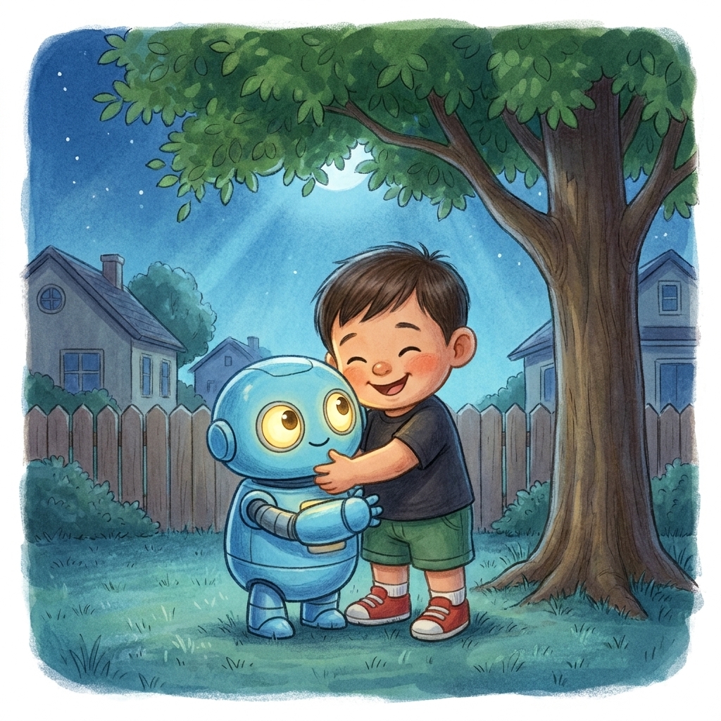 A joyful watercolor reunion: the boy hugging his robot toy under a tree at night