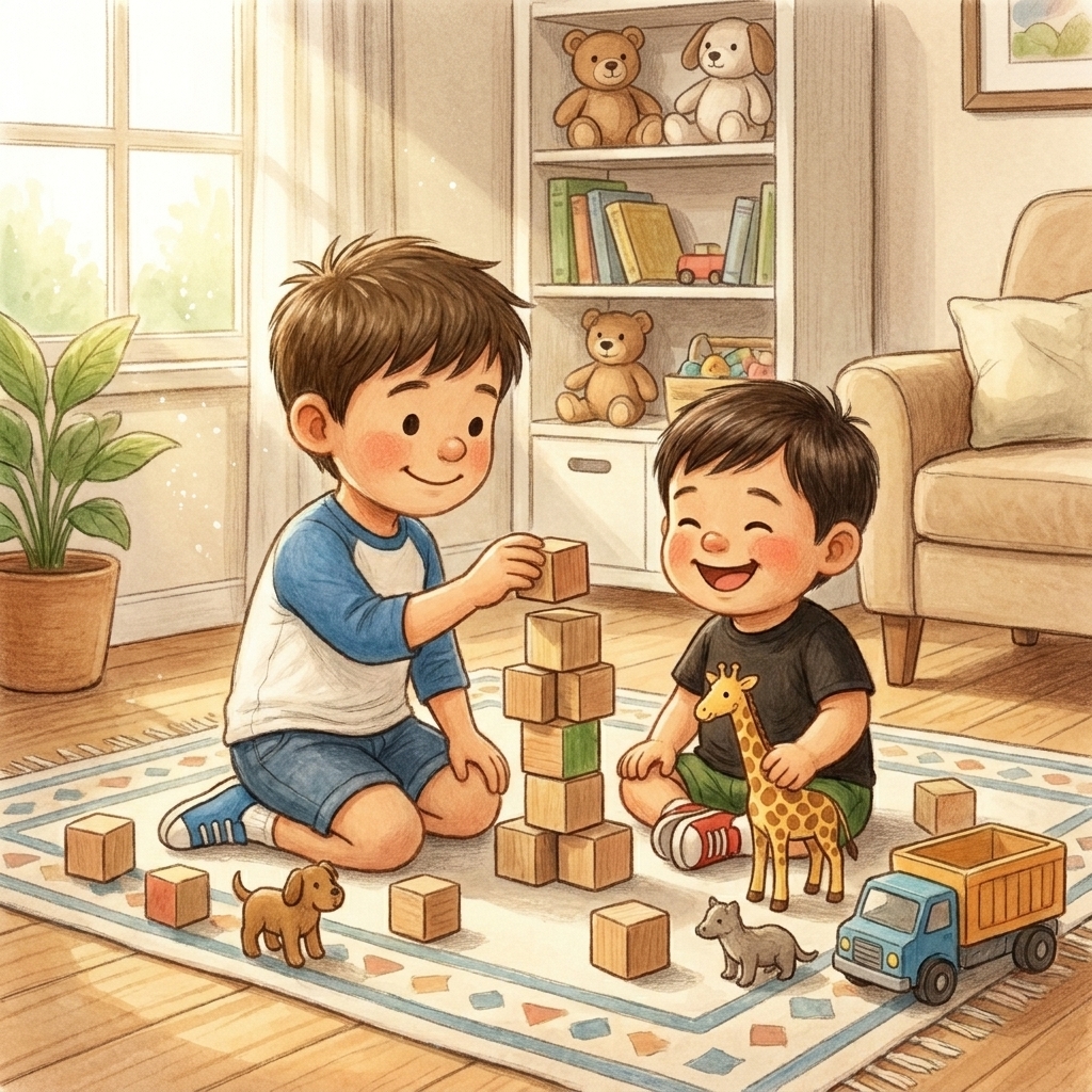 A page from The Fire Inside: two brothers playing with wooden blocks