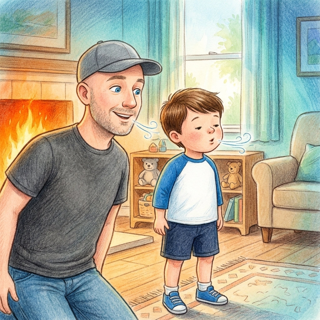 A page from The Fire Inside: a father and son taking calming breaths together